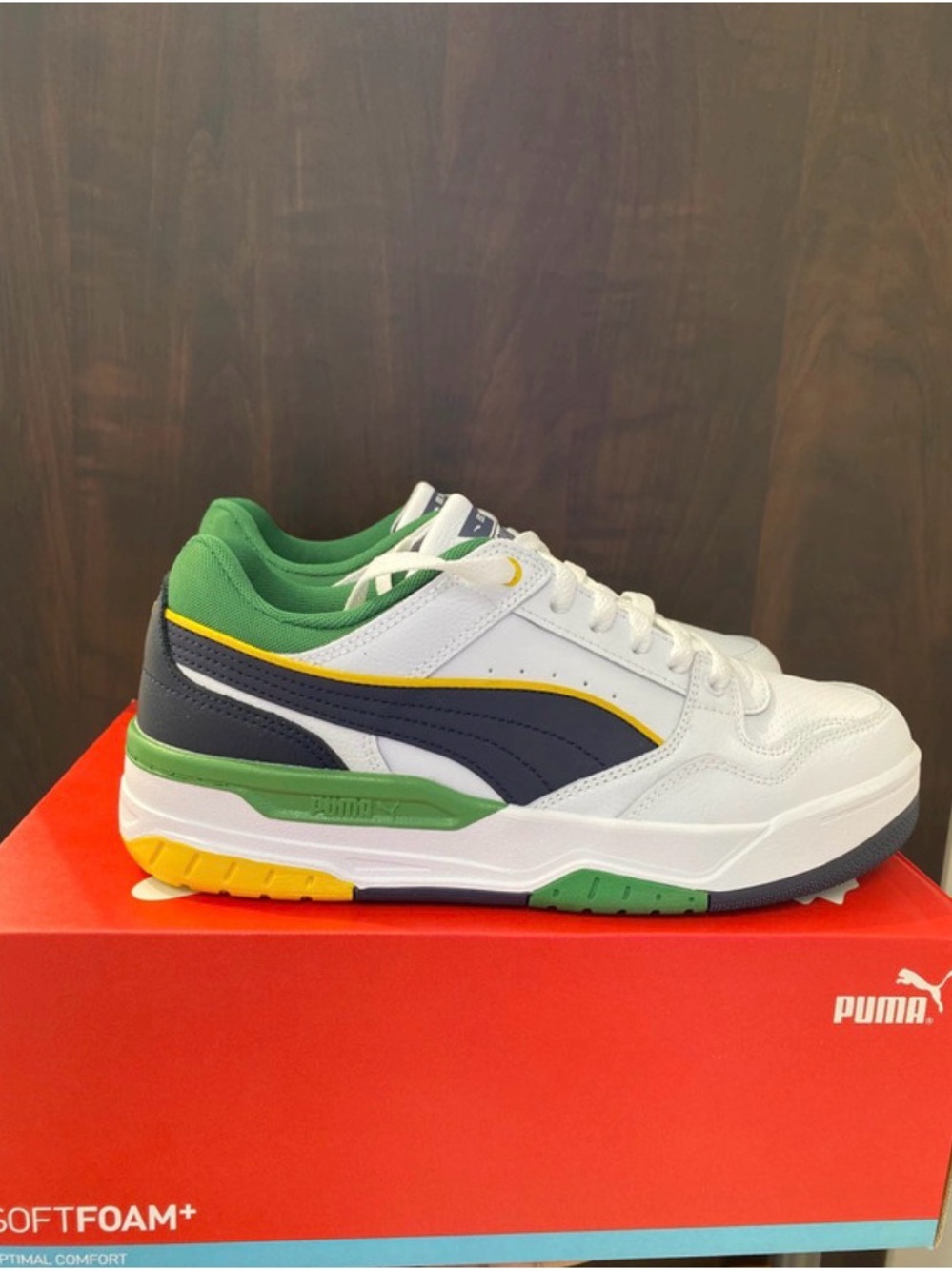 Puma White Green Navy Low-Top Sneaker with Yellow Trim